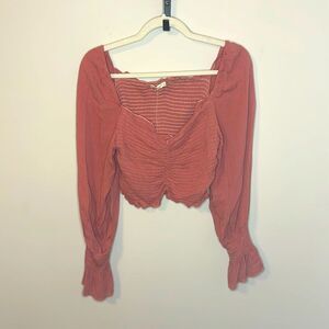 Pink Long Sleeve Smocked Fitted Crop Top Large